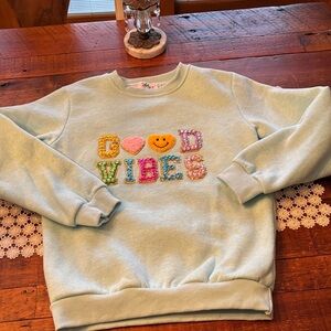 Lola & The Boys Good Vibes Aqua Colored Sweatshirt.  Size 14